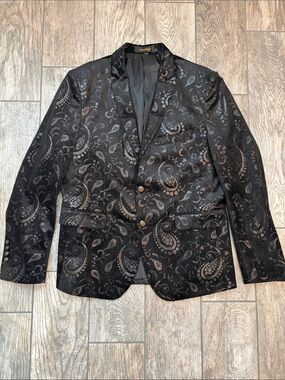 Cloudstyle Men’s Black Velvet Velour Blazer Metallic Embossed Dark Jacket SMALL